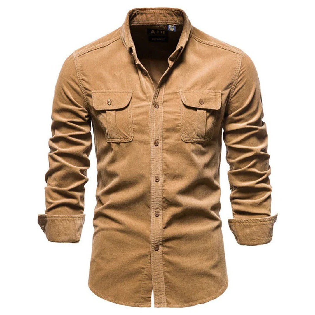 Mens Long Sleeve Corduroy Button Down Shirt With Chest Pockets