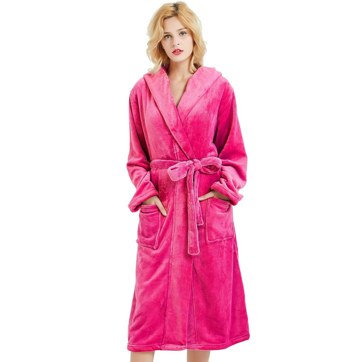 Plush Hooded Long Bathrobe for Women with Waist Belt