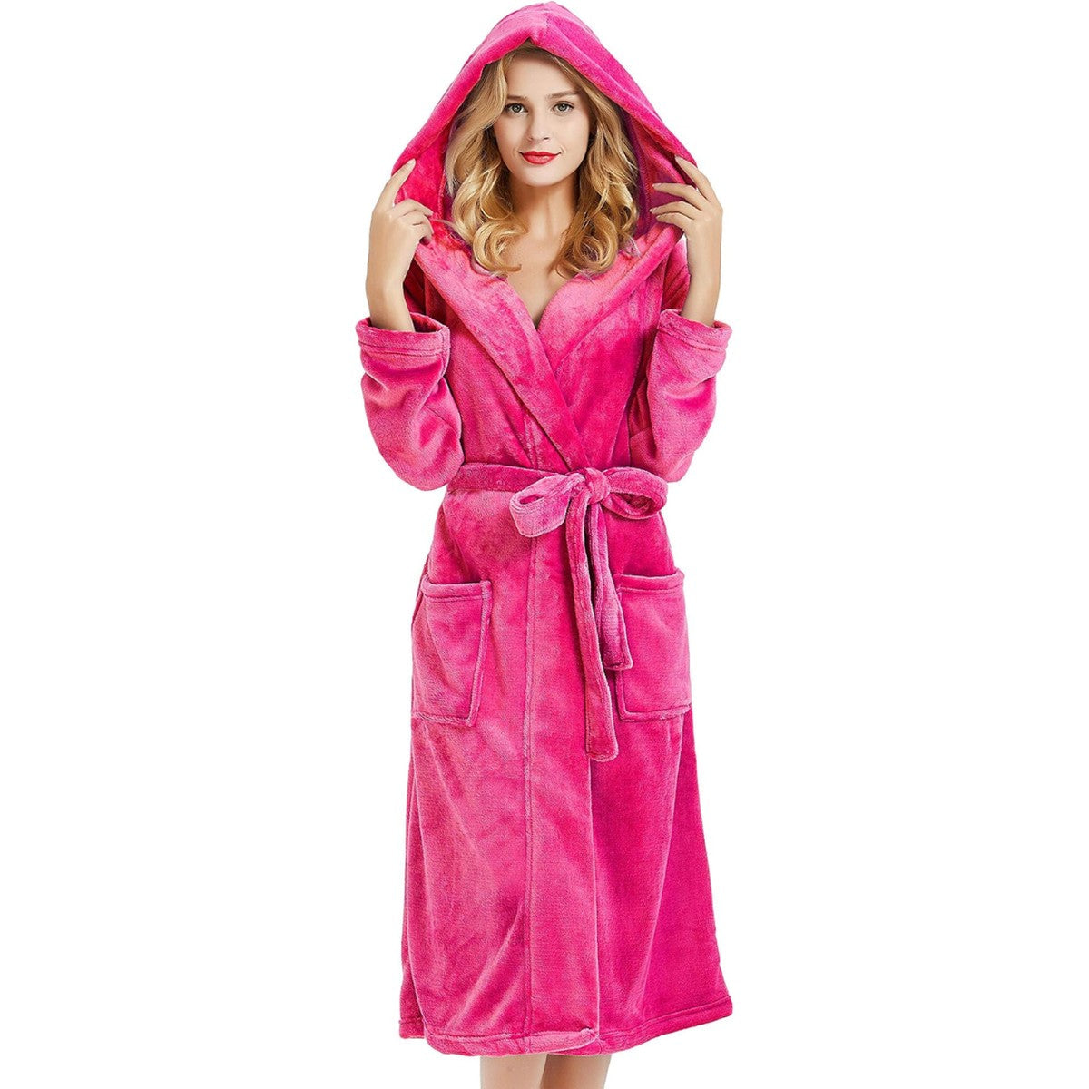 Plush Hooded Long Bathrobe for Women with Waist Belt