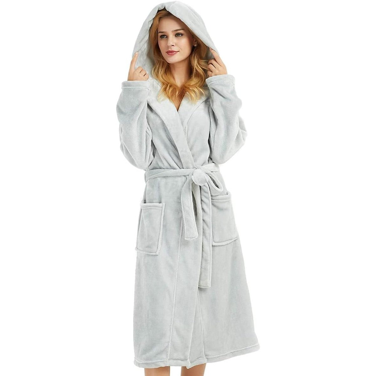 Plush Hooded Long Bathrobe for Women with Waist Belt