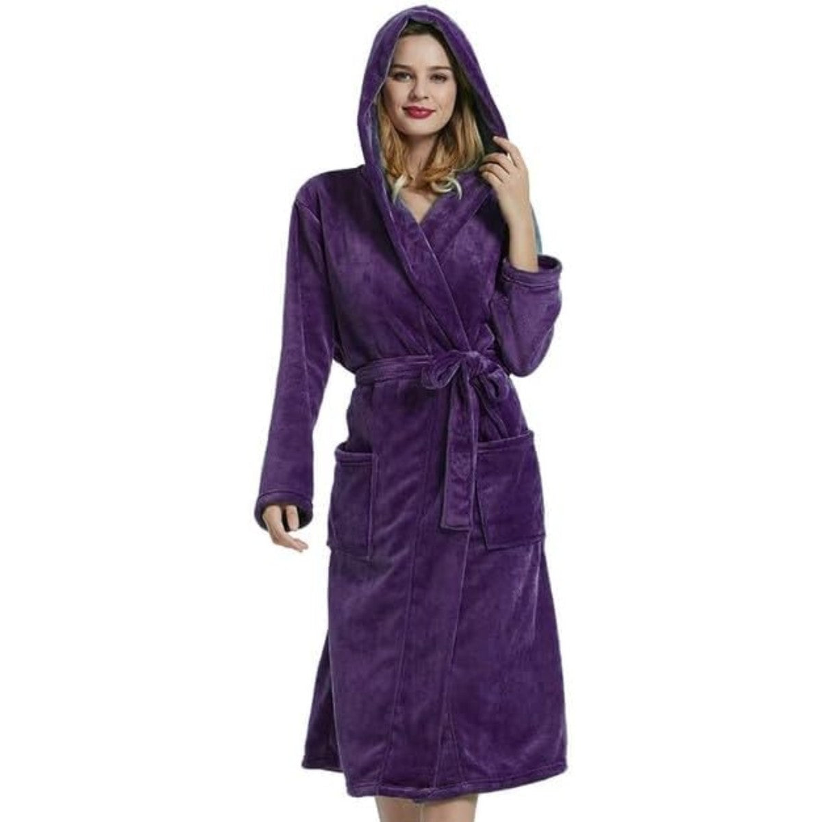 Plush Hooded Long Bathrobe for Women with Waist Belt