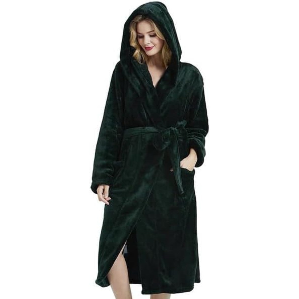 Plush Hooded Long Bathrobe for Women with Waist Belt