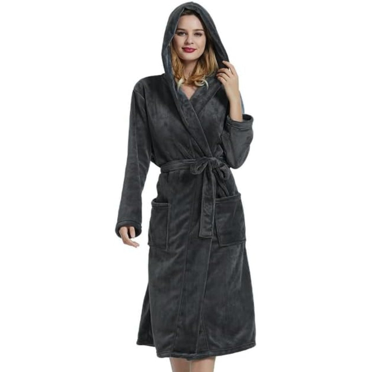 Plush Hooded Long Bathrobe for Women with Waist Belt