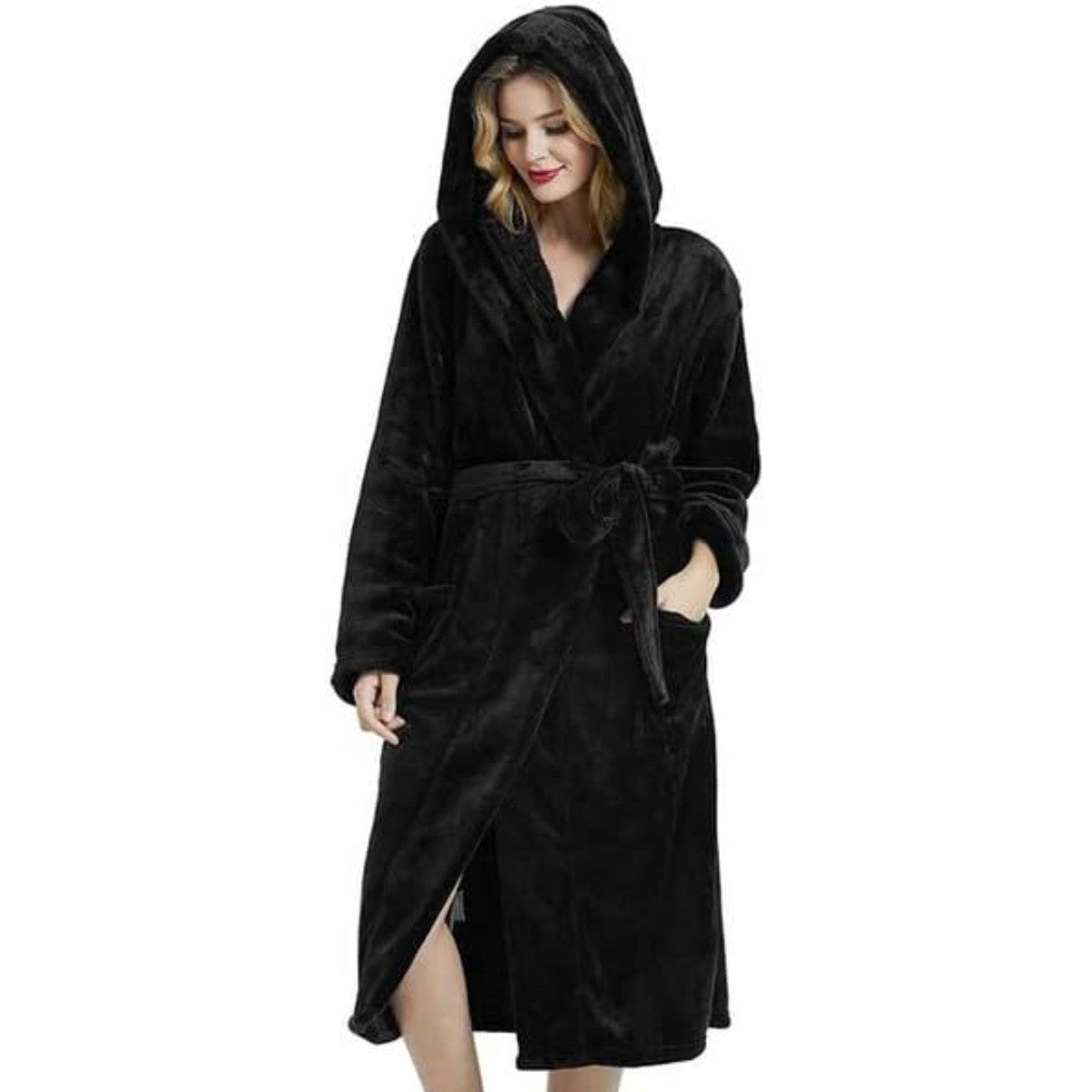 Plush Hooded Long Bathrobe for Women with Waist Belt
