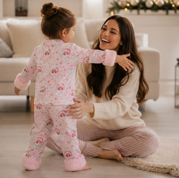 Toddler Girls Ribbed Christmas Pajama Set with Soft Faux Fur Trim