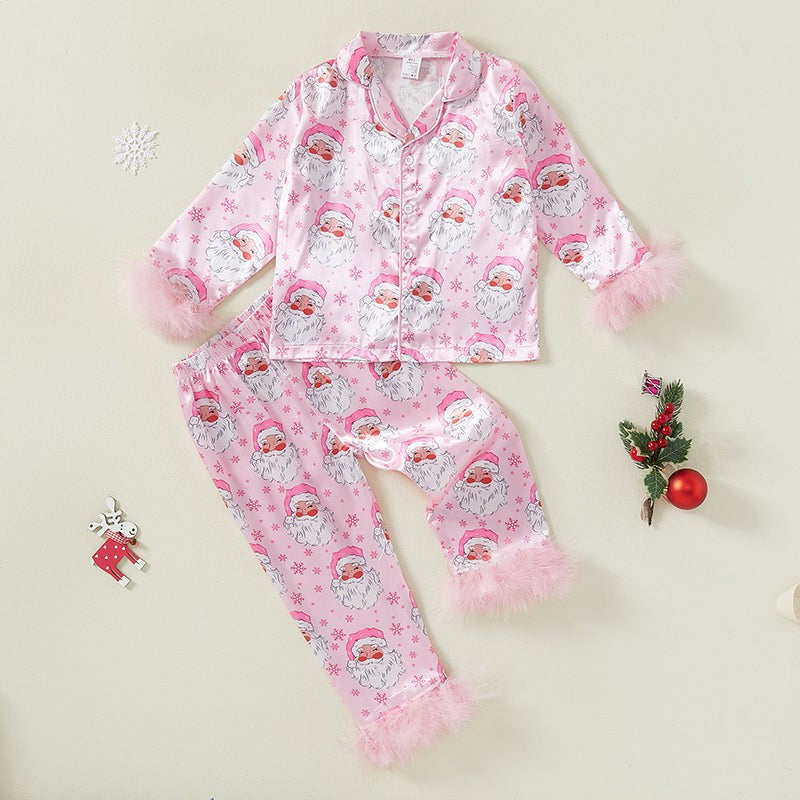 Toddler Girls Ribbed Christmas Pajama Set with Soft Faux Fur Trim