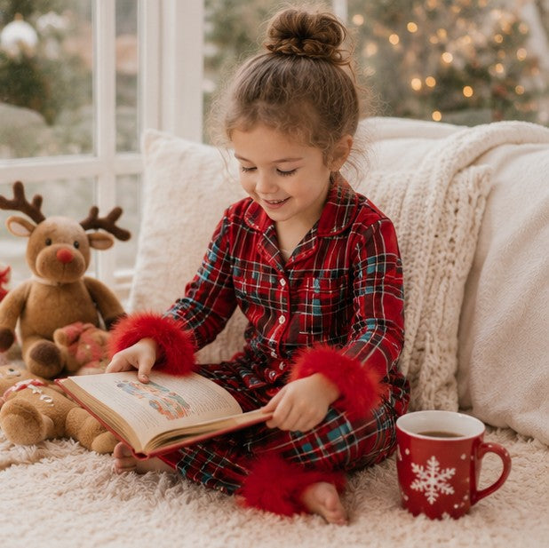 Toddler Girls Ribbed Christmas Pajama Set with Soft Faux Fur Trim