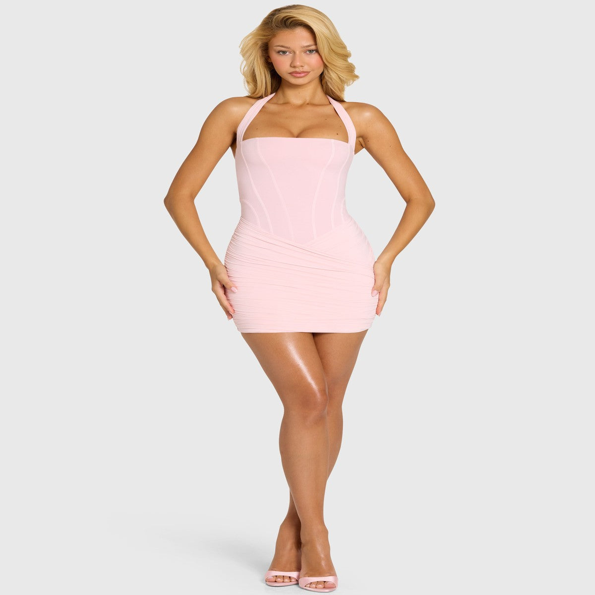 Sleeveless High Neck Cocktail Dress with Gathered Neckline in Pastel Pink