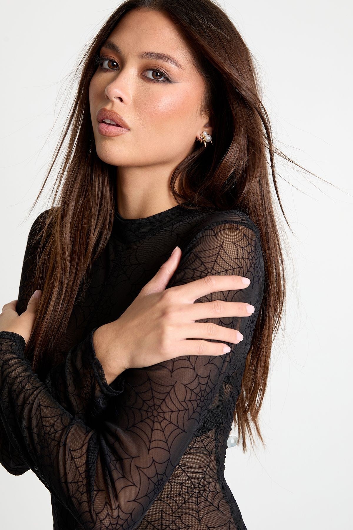 Cobweb Mesh Jumpsuit with Raised Flocking and Long Sleeves for Costume Events