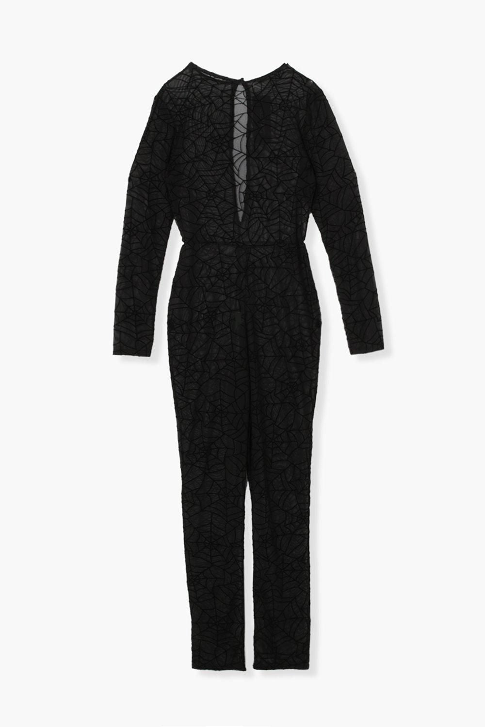 Cobweb Mesh Jumpsuit with Raised Flocking and Long Sleeves for Costume Events