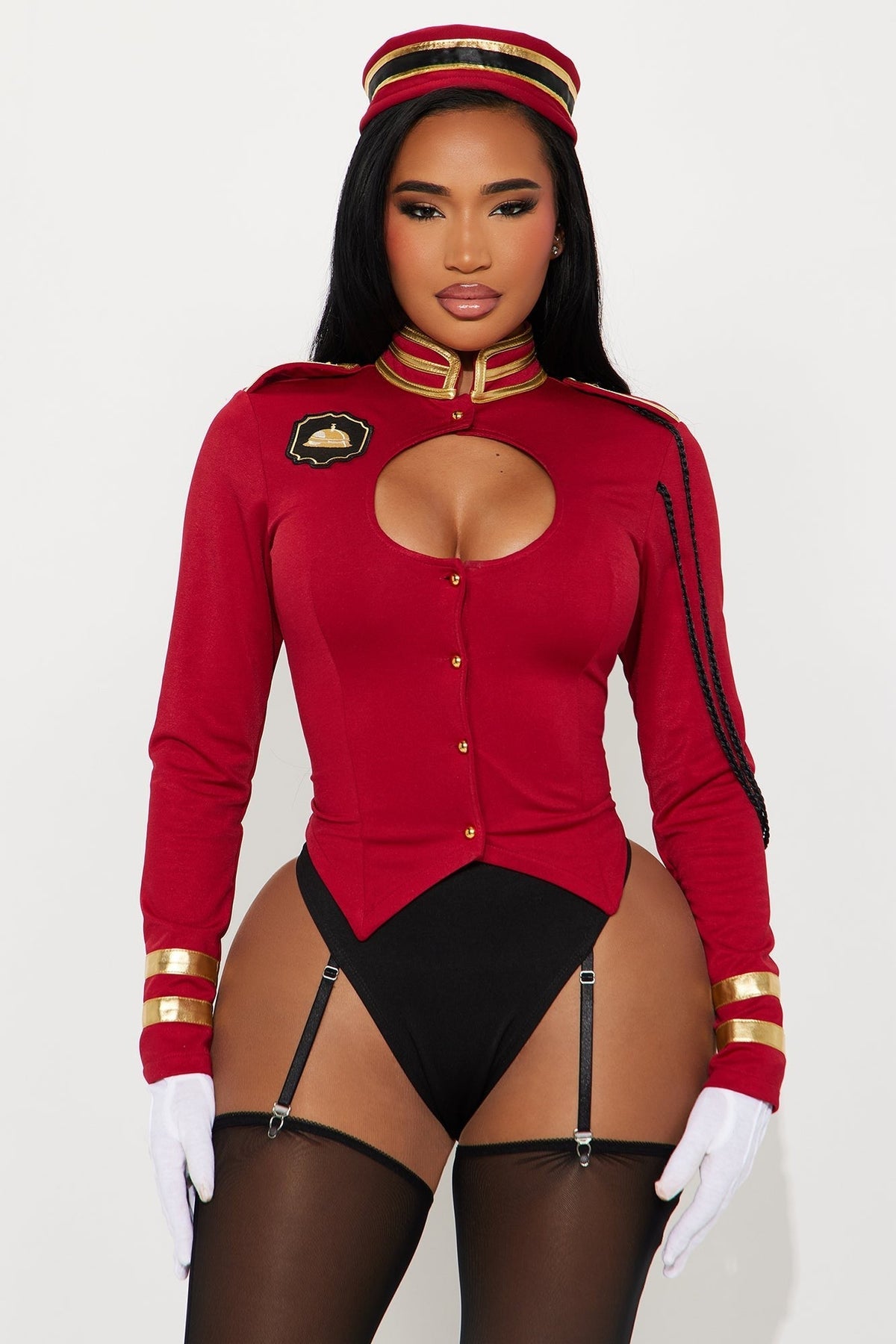 Burgundy Bellhop Costume Set with Jacket, Hat and Leggings, Five Pieces