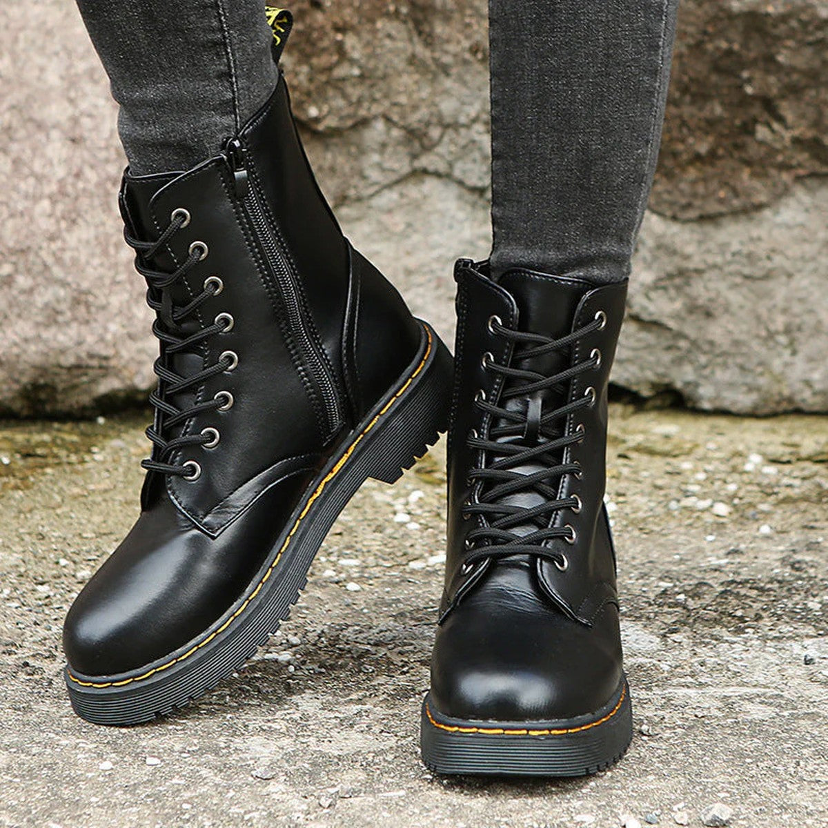 Womens Combat Ankle Boots with Side Zipper and Chunky Platform Sole