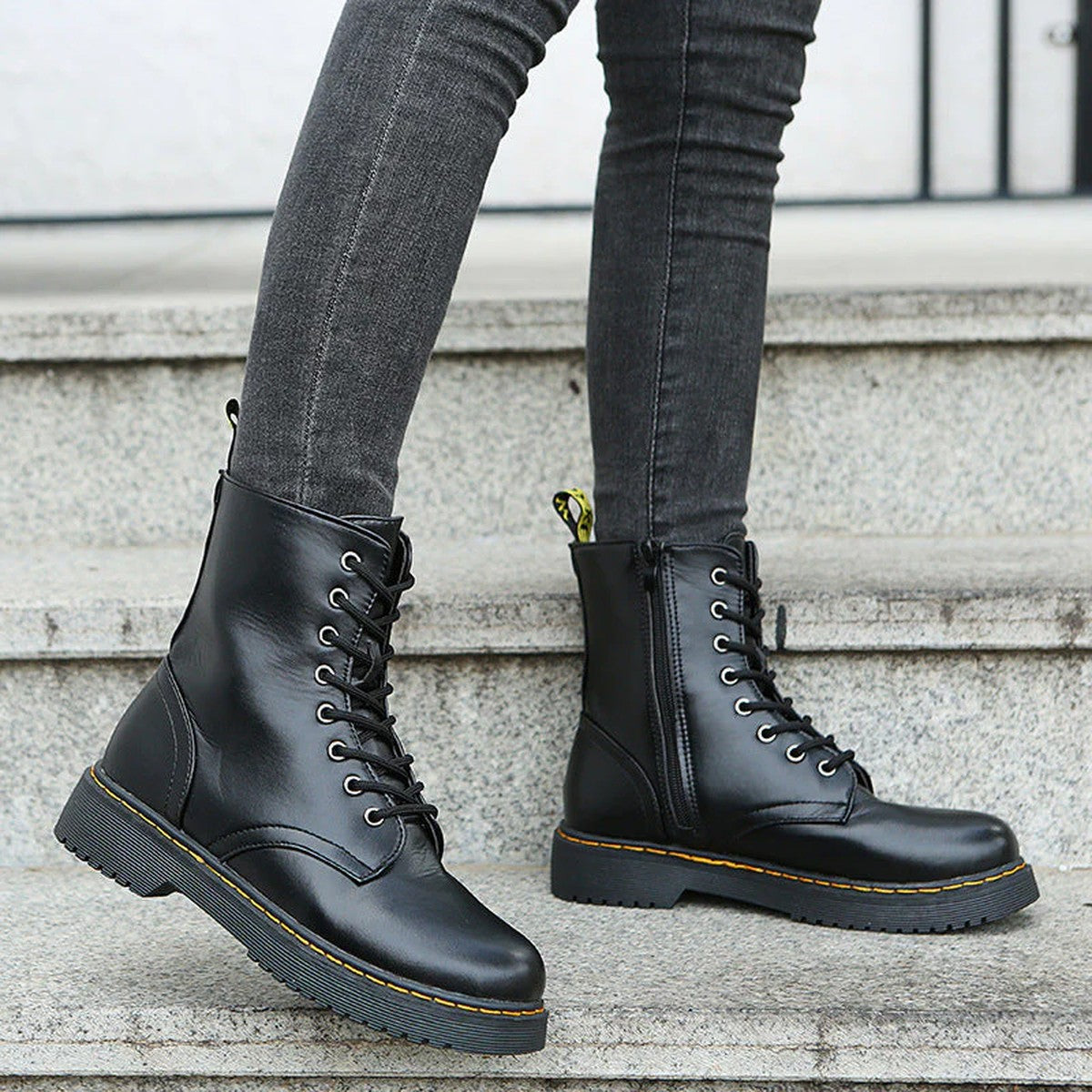 Womens Combat Ankle Boots with Side Zipper and Chunky Platform Sole