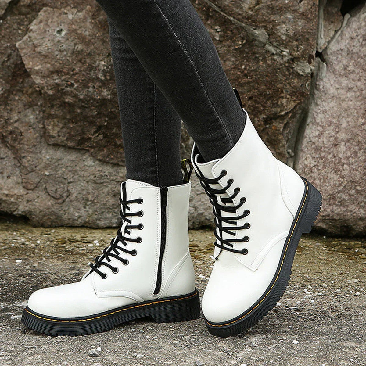 Womens Combat Ankle Boots with Side Zipper and Chunky Platform Sole