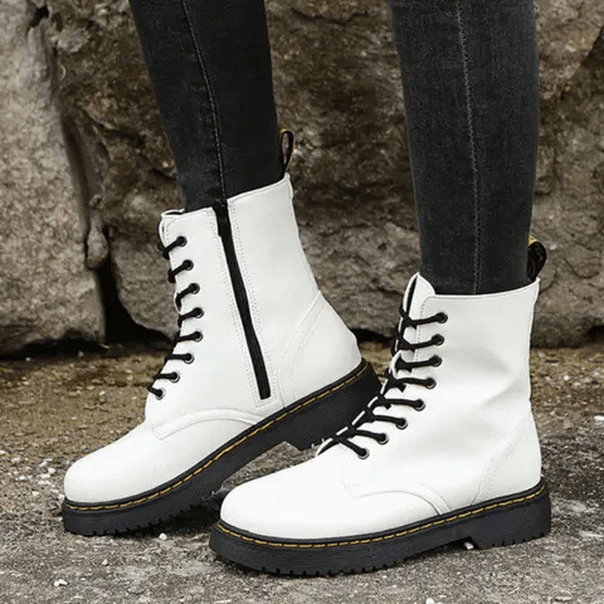 Womens Combat Ankle Boots with Side Zipper and Chunky Platform Sole