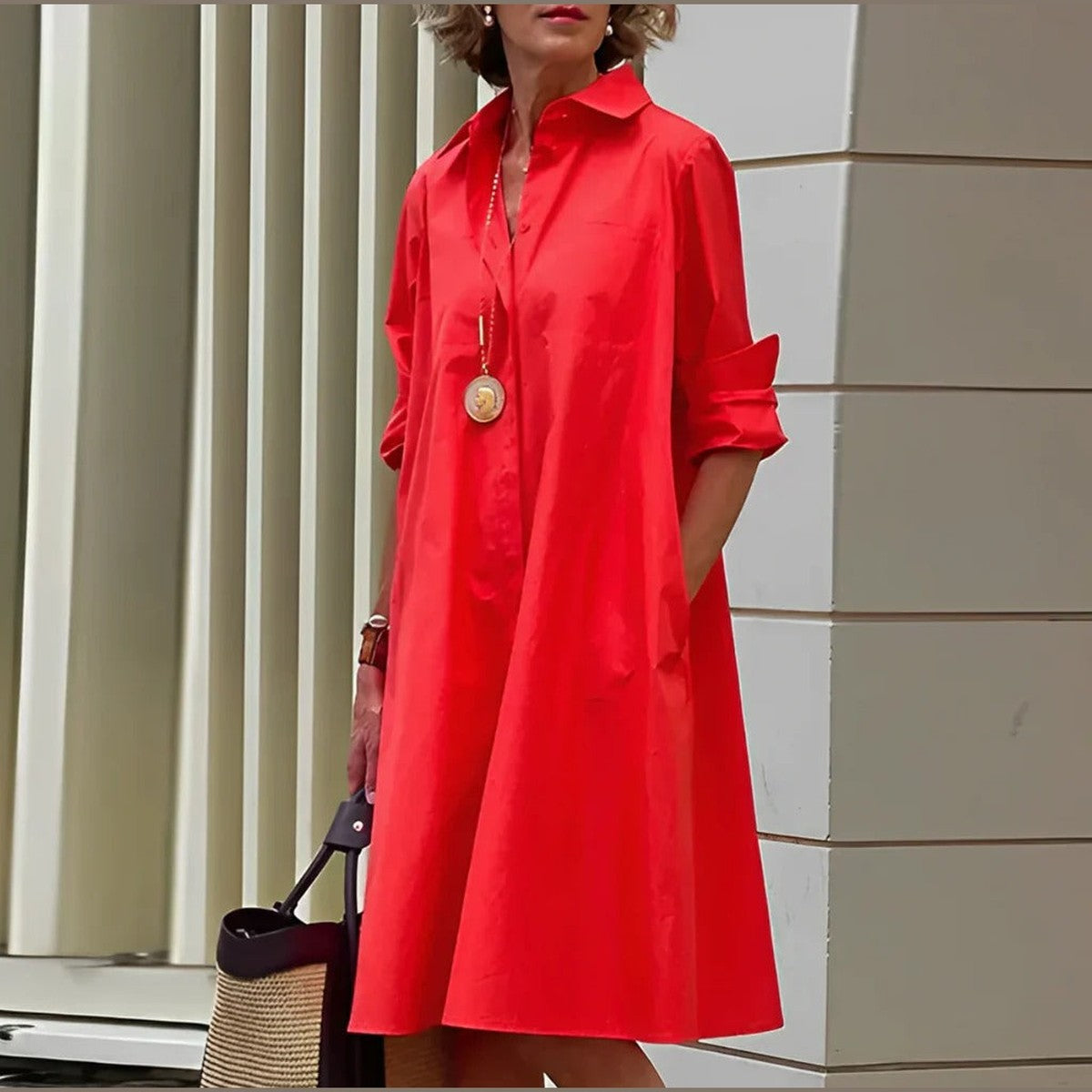 Short Sleeve Polo Collar Mini Dress with Button Down Placket