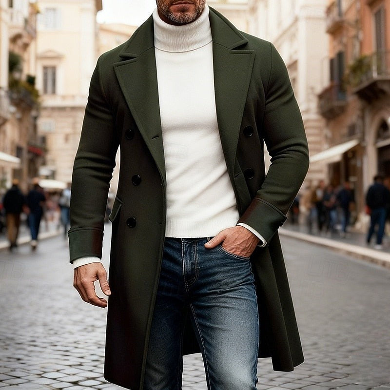Classic Mens Long Wool Blend Trench Coat with Notched Lapel and Button Front