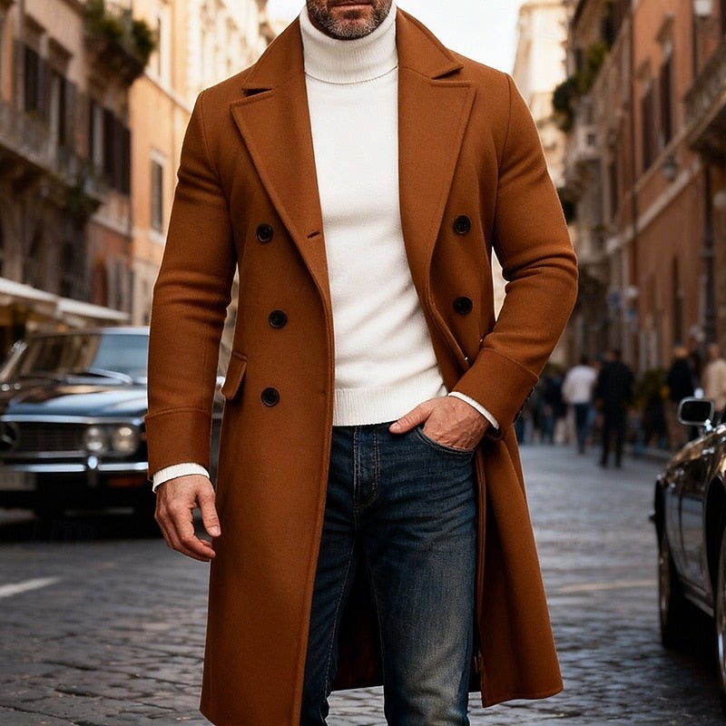 Classic Mens Long Wool Blend Trench Coat with Notched Lapel and Button Front
