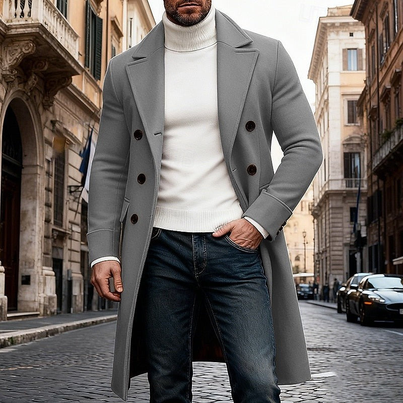 Classic Mens Long Wool Blend Trench Coat with Notched Lapel and Button Front