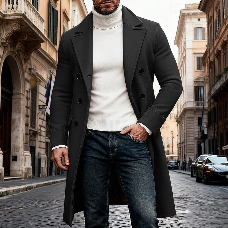 Classic Mens Long Wool Blend Trench Coat with Notched Lapel and Button Front