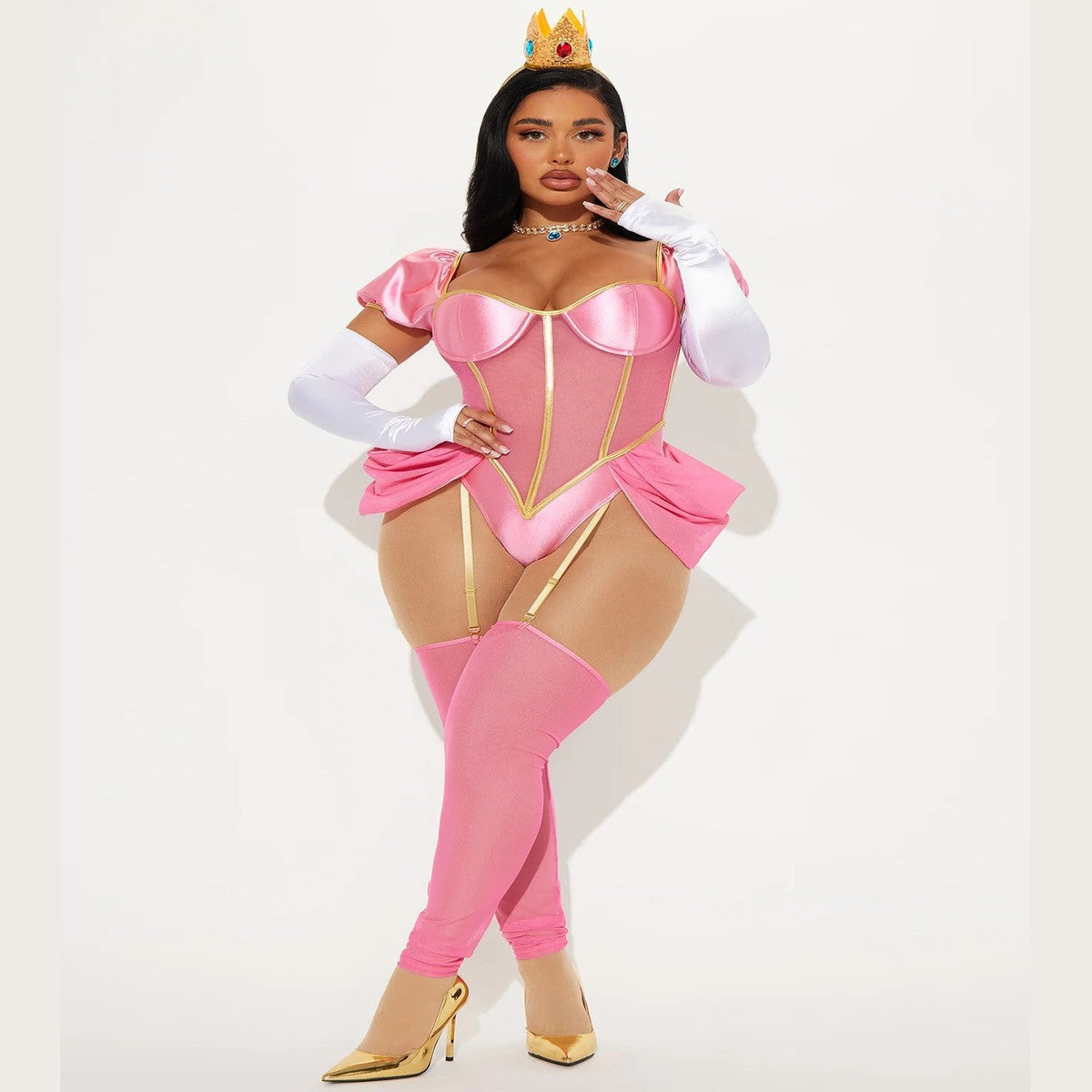 Pink Video Game Princess Dress Costume Set with Gold Crown and White Gloves
