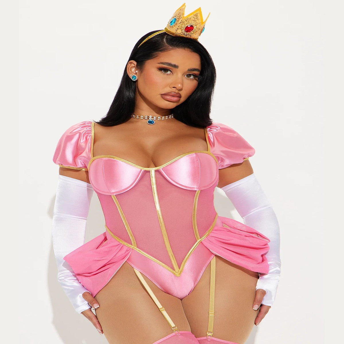 Pink Video Game Princess Dress Costume Set with Gold Crown and White Gloves