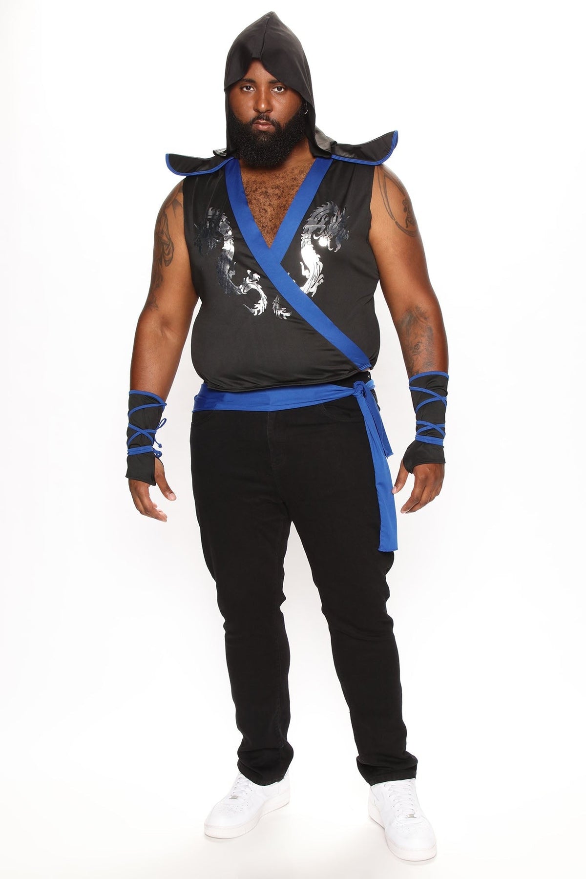 Mens Martial Arts Ninja Warrior Costume with Printed Dragon Tunic and Mask