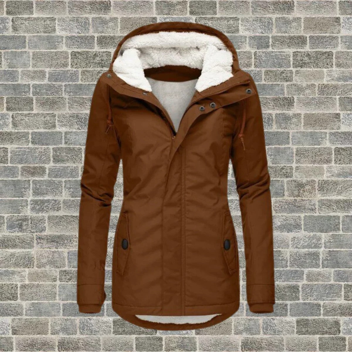 Womens Long Sleeve Button Down Swing Parka with Hood and Pleated Hem