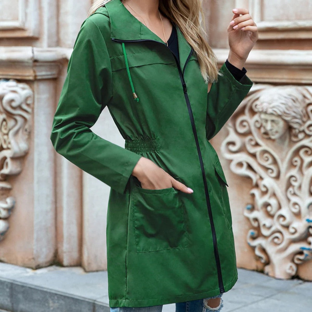 Long Hooded Trench Coat for Women with Zipper Closure and Drawstring Waist