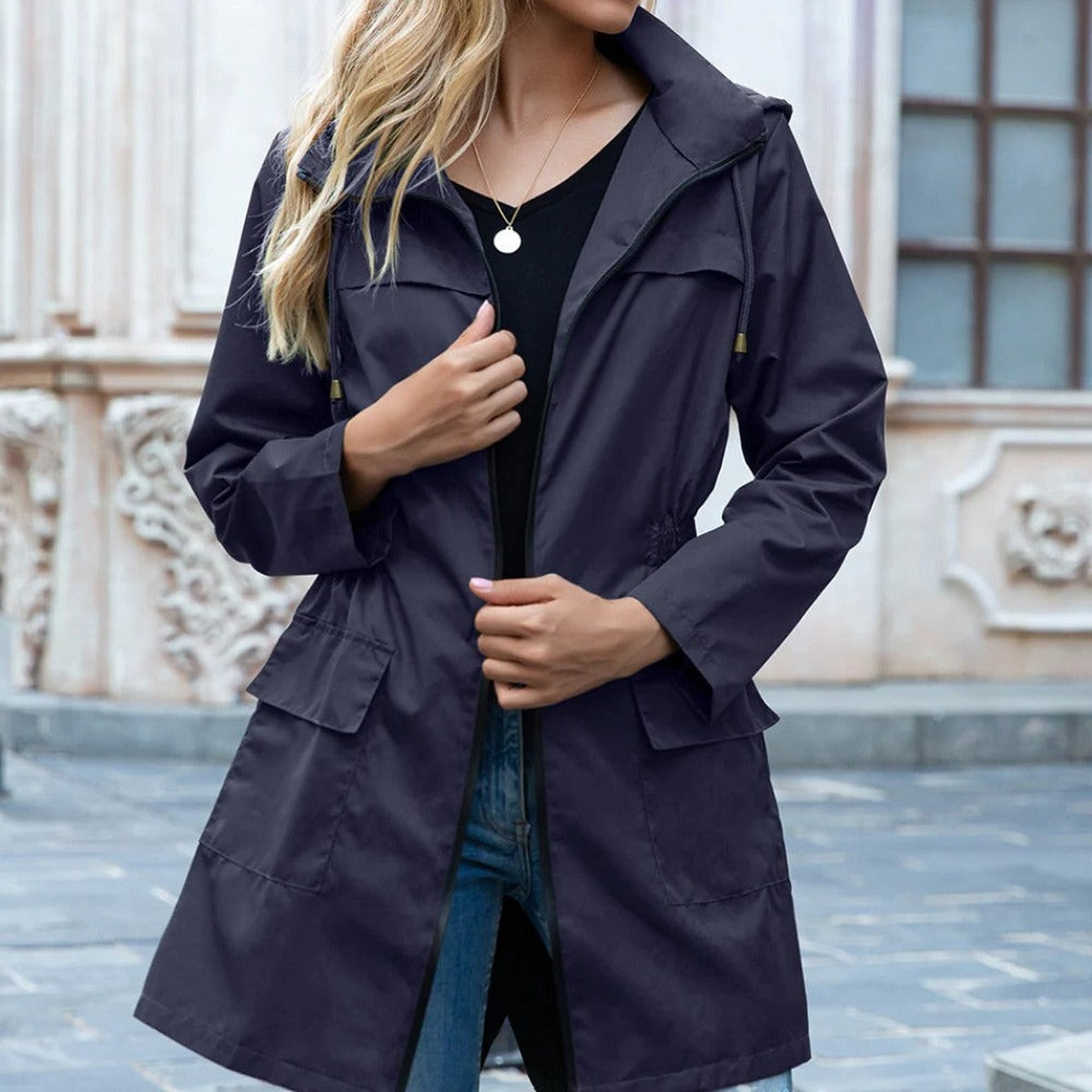 Long Hooded Trench Coat for Women with Zipper Closure and Drawstring Waist