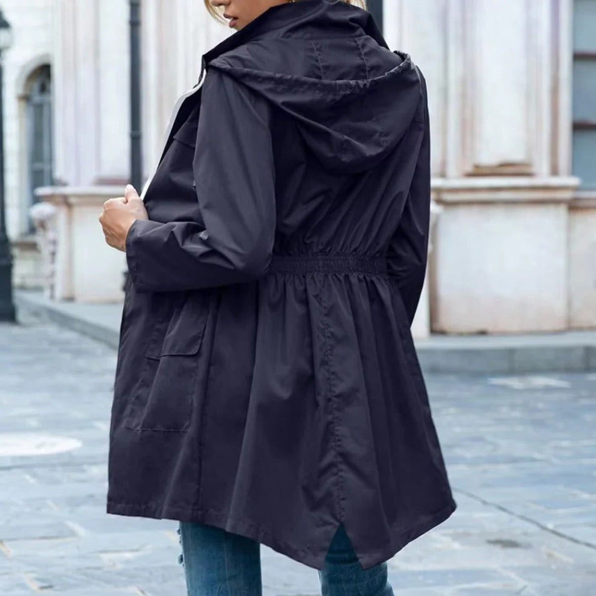 Long Hooded Trench Coat for Women with Zipper Closure and Drawstring Waist