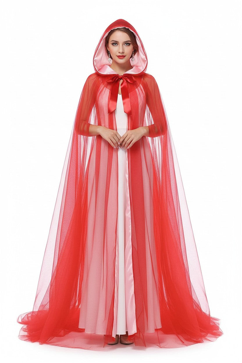 Hooded Mesh Cloak with Self Tying Loop, Inch Floor Length for Costume Events