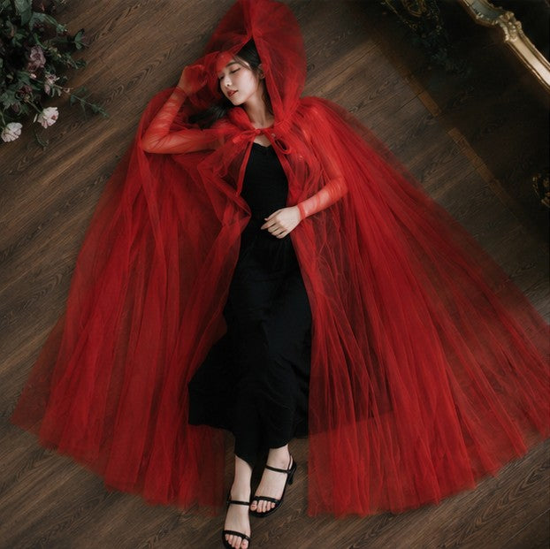 Hooded Mesh Cloak with Self Tying Loop, Inch Floor Length for Costume Events