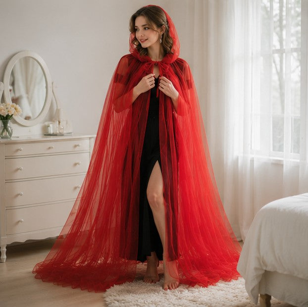 Hooded Mesh Cloak with Self Tying Loop, Inch Floor Length for Costume Events