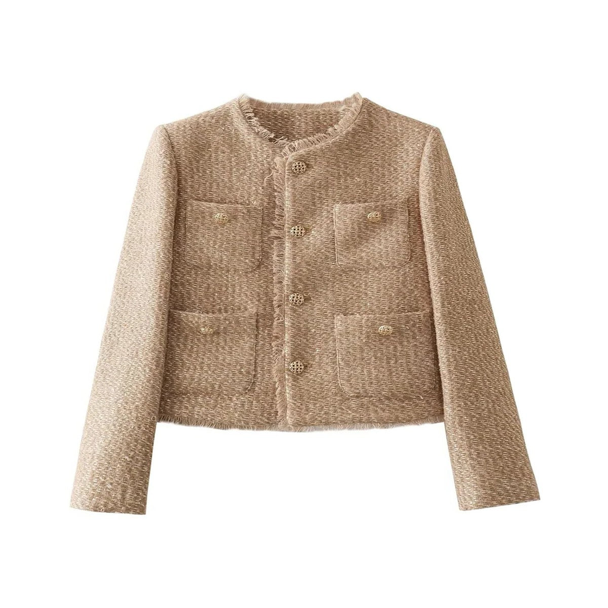 Short Sleeve Blazer Jacket with Gold Tone Decorative Buttons