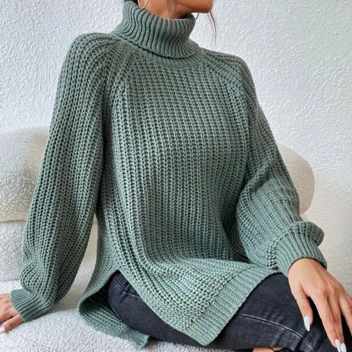 Womens Chunky Knit Turtleneck Sweater with Decorative Button Accents