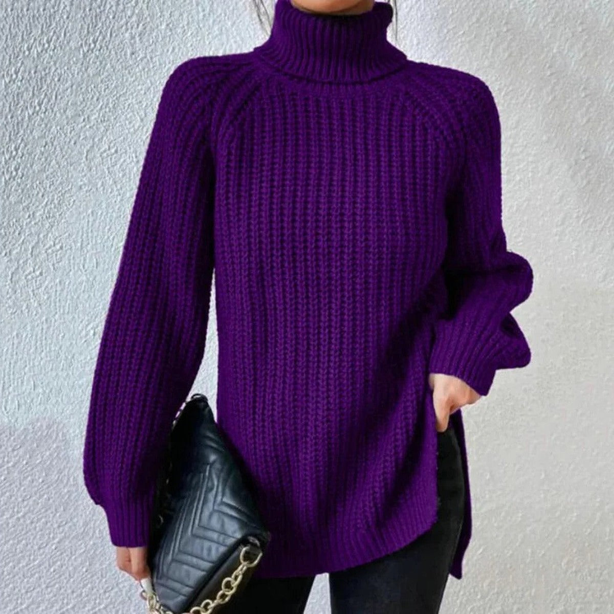 Womens Chunky Knit Turtleneck Sweater with Decorative Button Accents