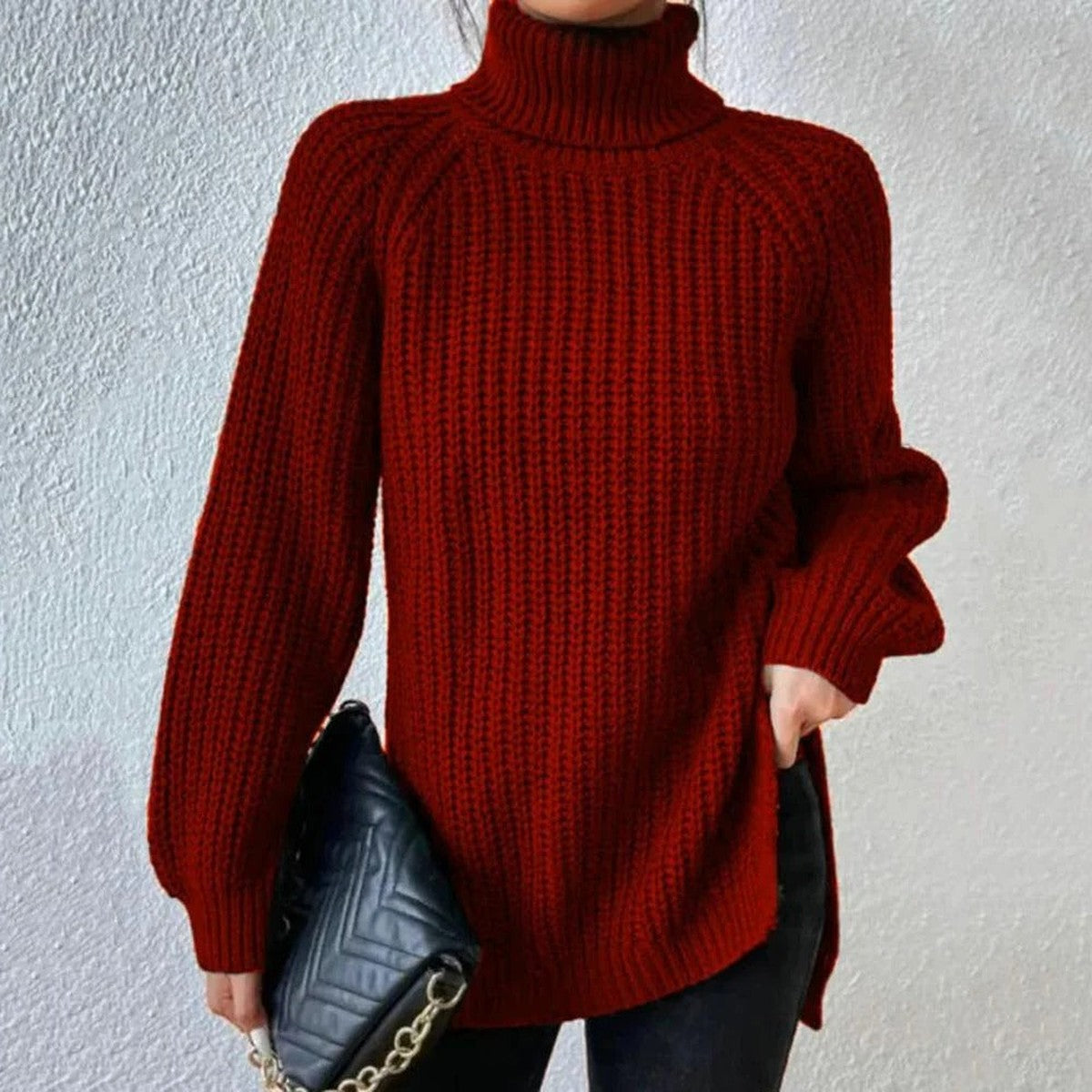 Womens Chunky Knit Turtleneck Sweater with Decorative Button Accents