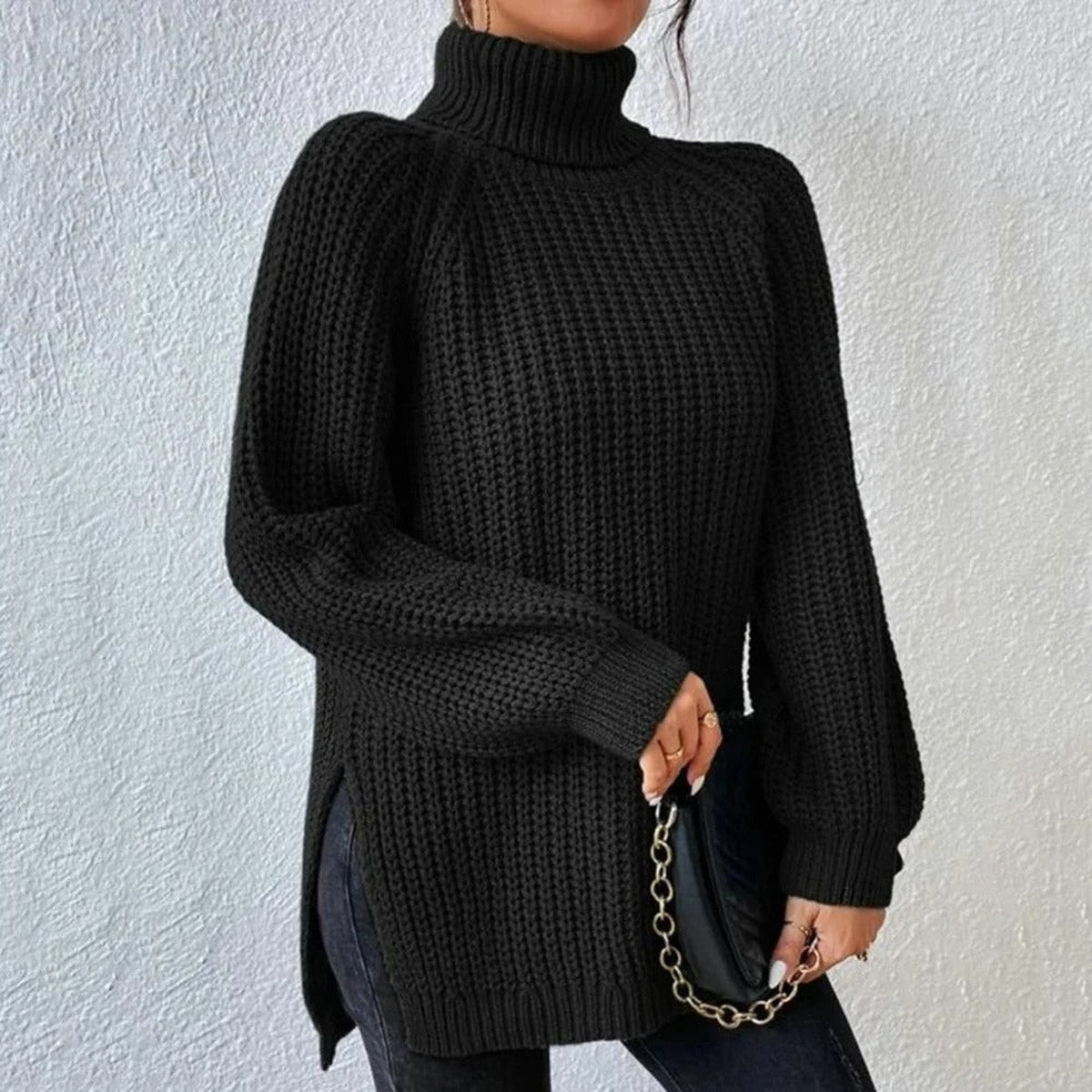 Womens Chunky Knit Turtleneck Sweater with Decorative Button Accents