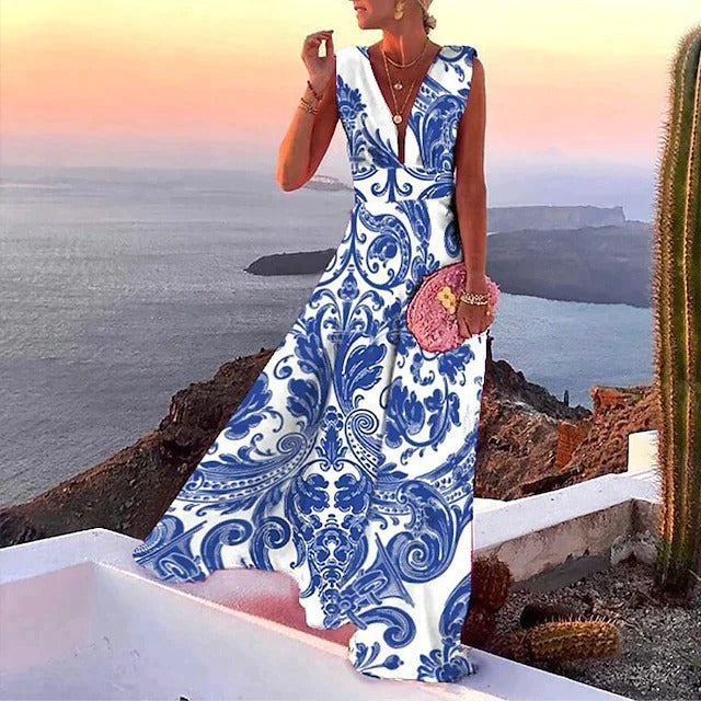Casual Sleeveless Maxi Dress with Vibrant Abstract Print