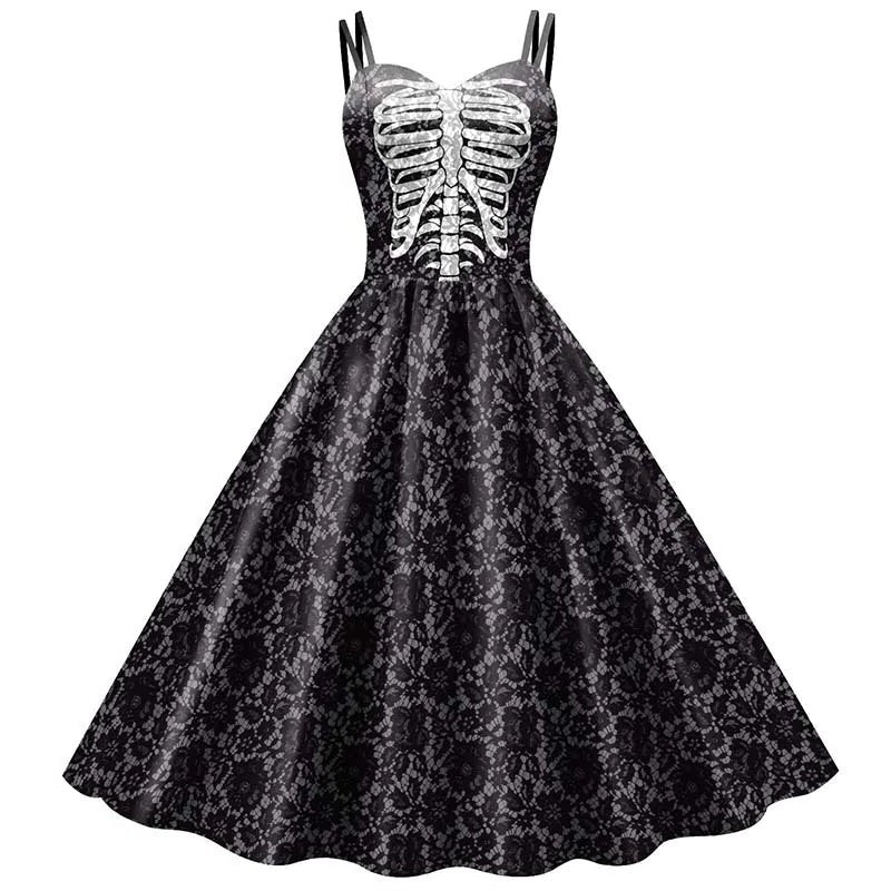 Skeleton Rose A Line Halter Dress with Fitted Bodice and Flowing Skirt