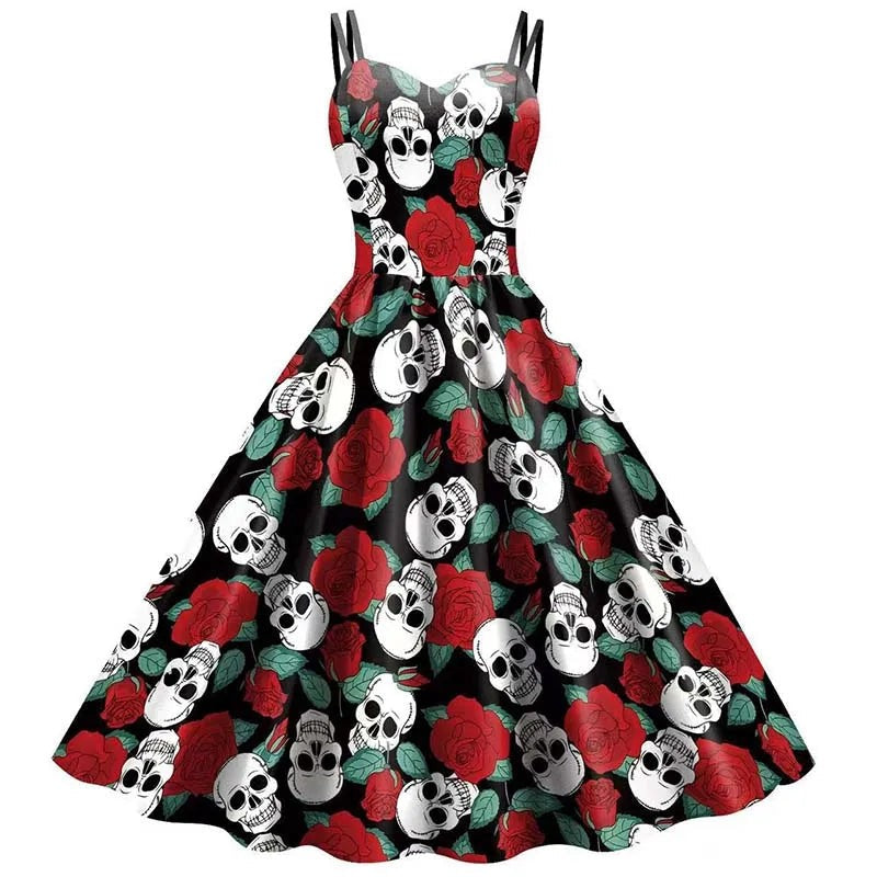 Skeleton Rose A Line Halter Dress with Fitted Bodice and Flowing Skirt