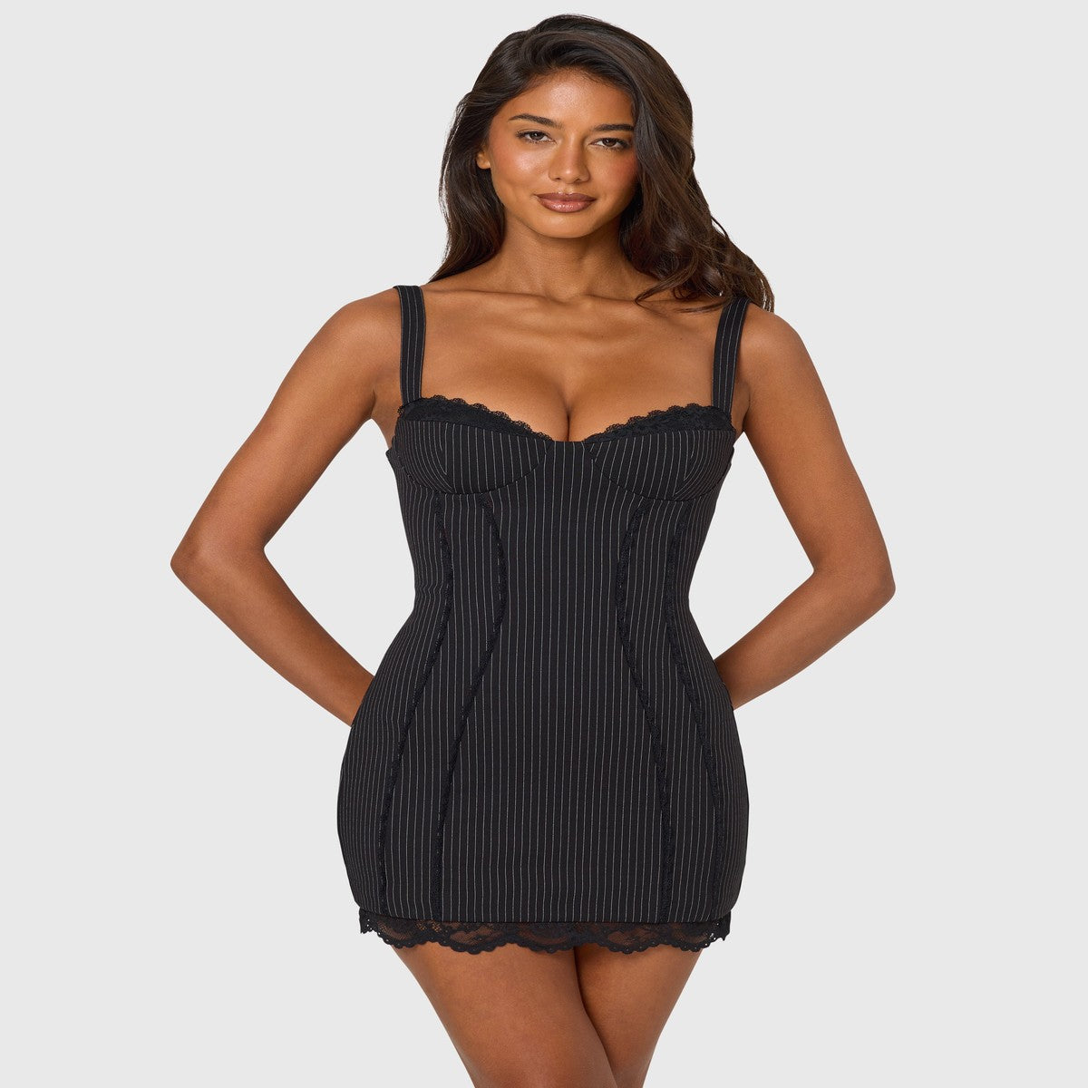 Sleeveless Striped Mini Dress with White Lace Trim and Peekaboo Cutout