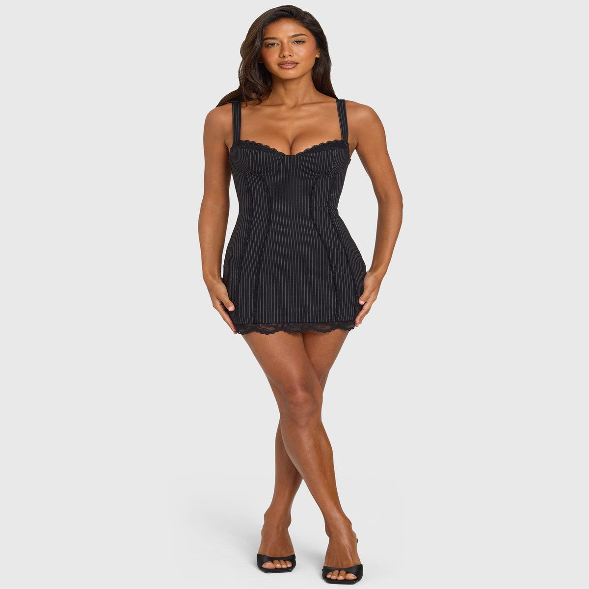 Sleeveless Striped Mini Dress with White Lace Trim and Peekaboo Cutout