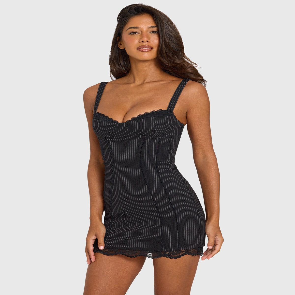 Sleeveless Striped Mini Dress with White Lace Trim and Peekaboo Cutout