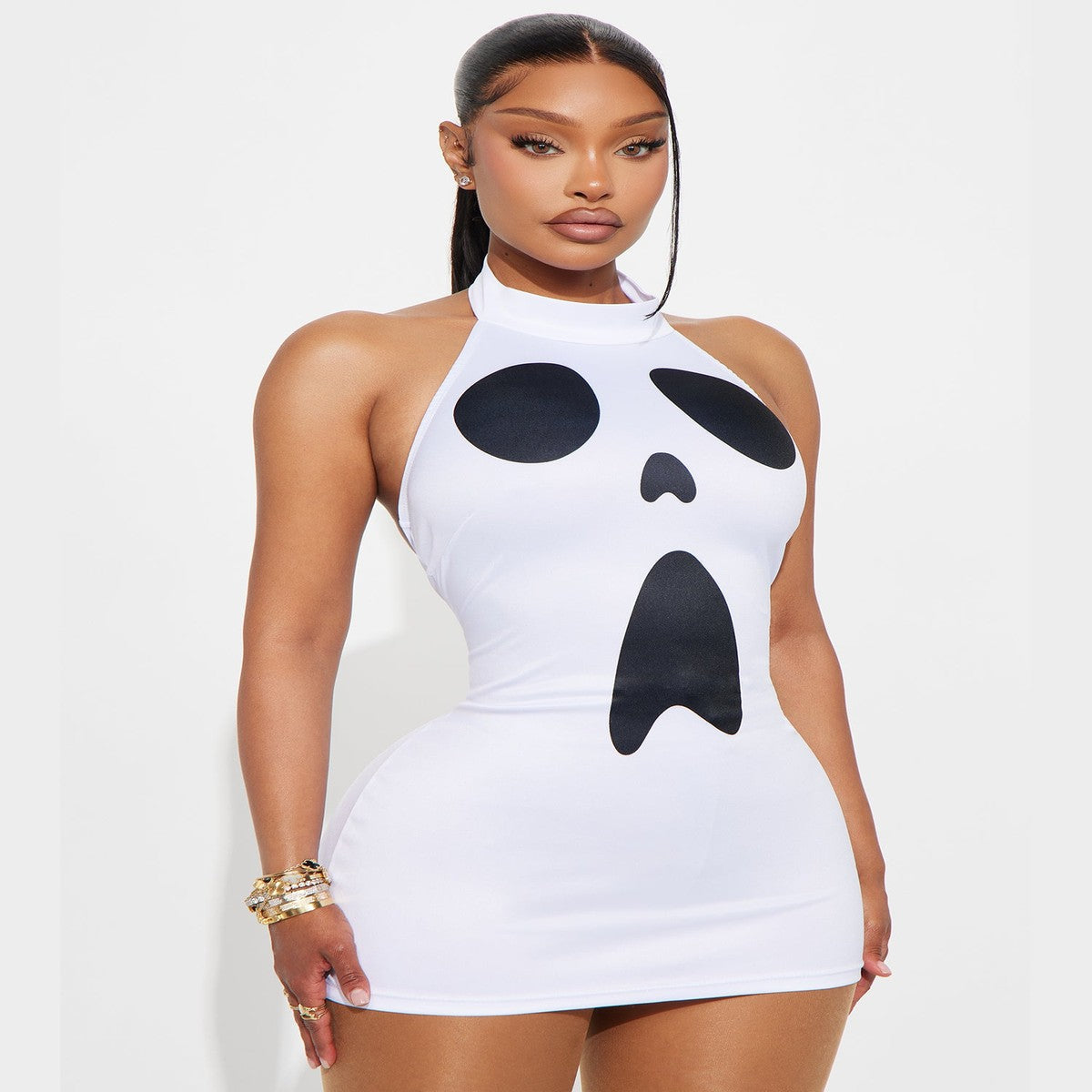 Ghost Print Bodycon Mini Dress for Halloween Party Costumes