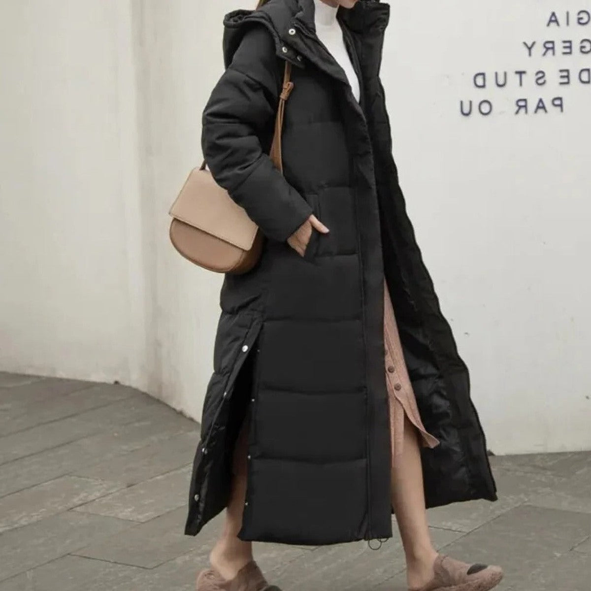 Long Quilted Puffer Coat with Hood and Ribbed Knit Cuffs