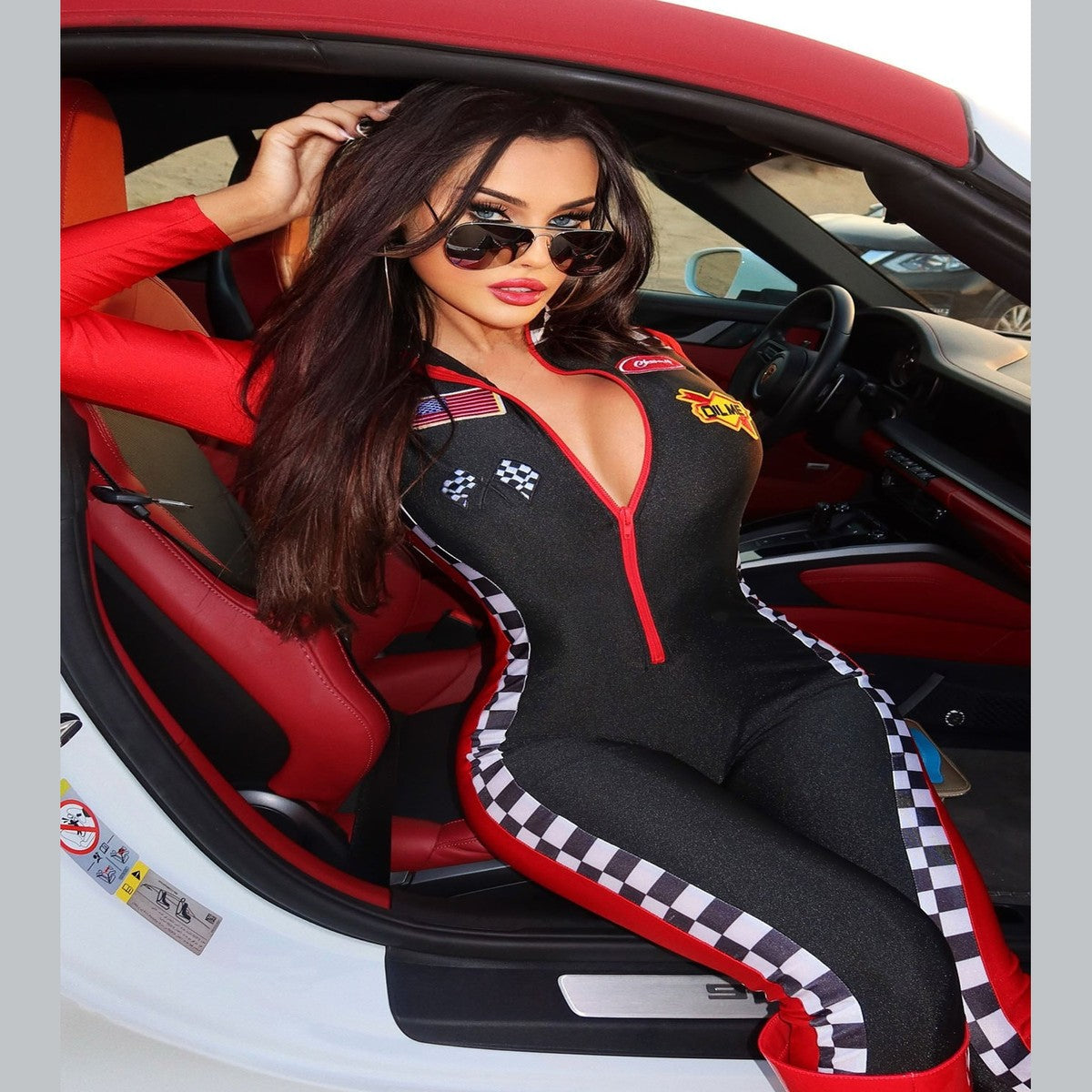 Women Racecar Driver Bodysuit Costume with Checkered Flag and Sunglasses