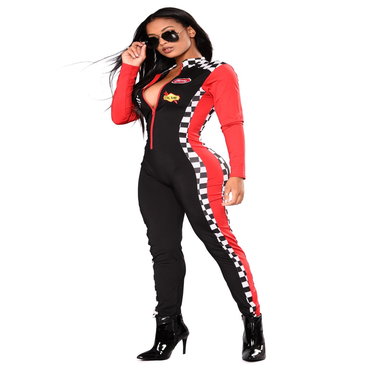Women Racecar Driver Bodysuit Costume with Checkered Flag and Sunglasses