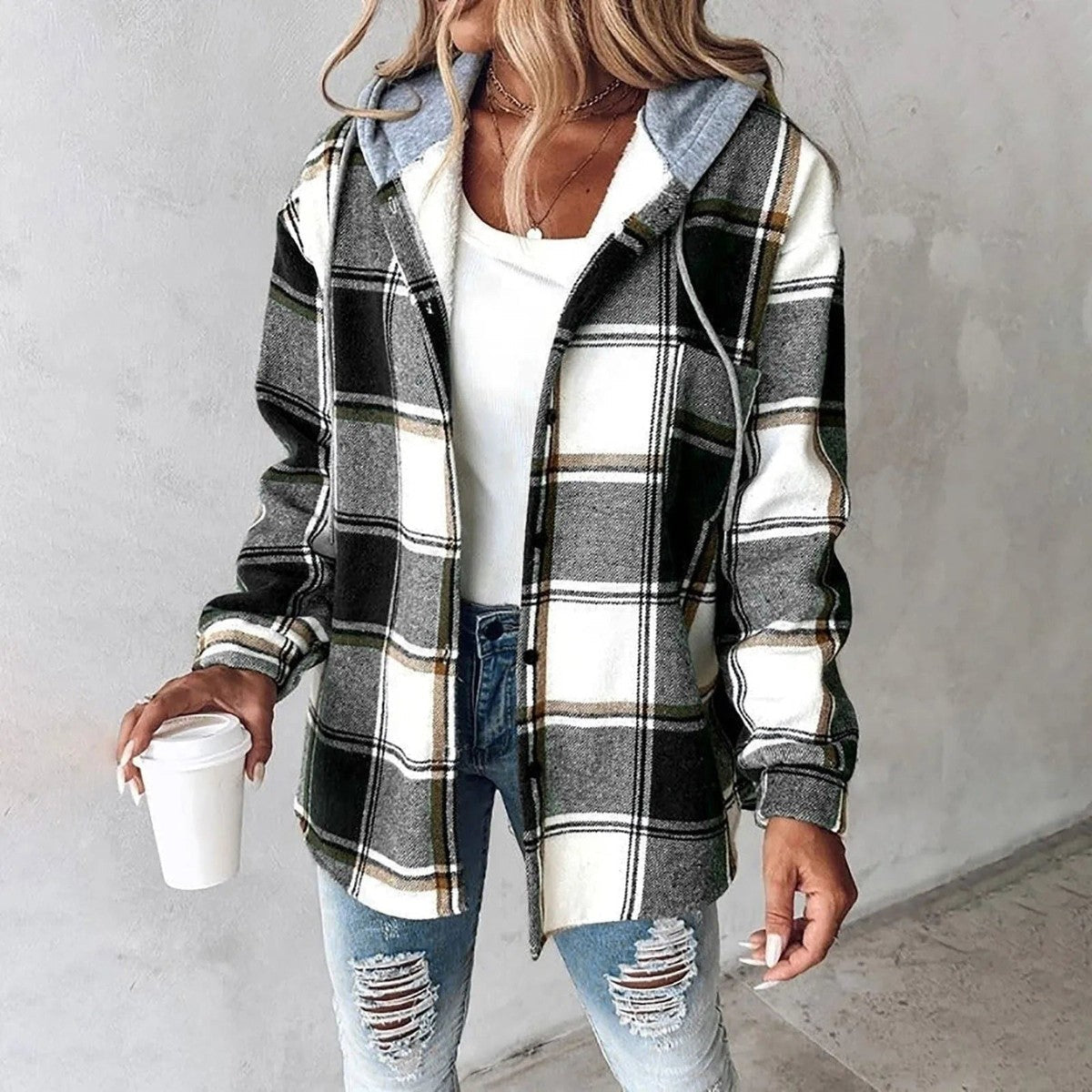 Long Sleeve Chunky Knit Cardigan Sweater with Plaid Print and Open Front